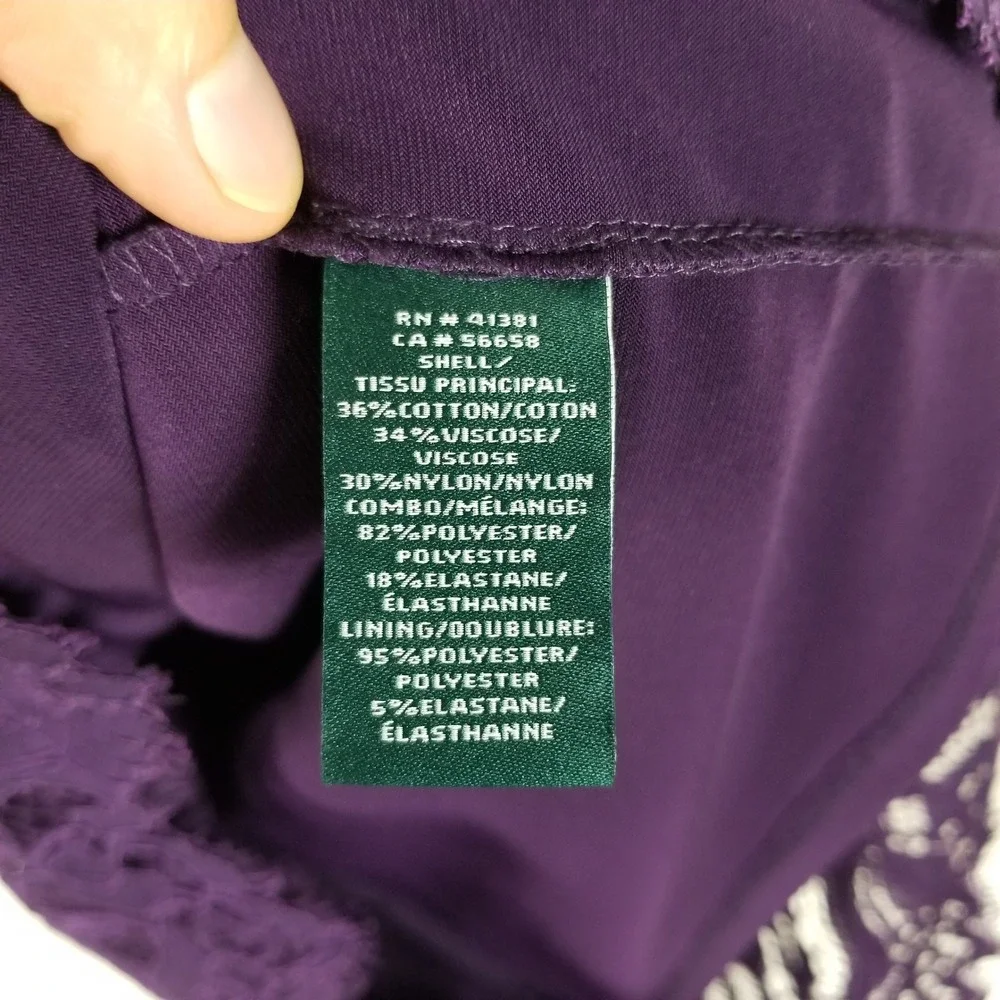 Lauren Ralph Lauren Sheath Dress Women 14 Purple Floral Lace V-Neck Scallop Hem